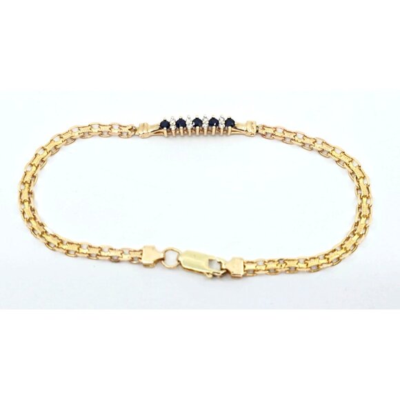 Unique 14K Yellow Gold Diamond & Blue Spinel Tennis Link Bracelet - 7.75" Length - Picture 6 of 12